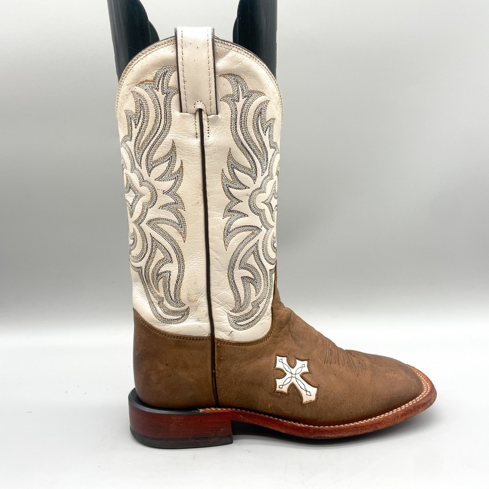 Tony Lama Womens 7 B Cross Western Boots Brown Cream Leather Square Toe Rodeo